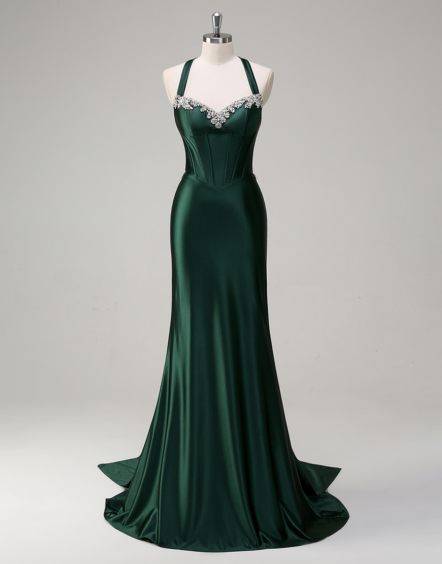 Sparkly Mermaid Dark Green Spaghetti Straps Corset Satin Long Prom Dress with Rhinestones 