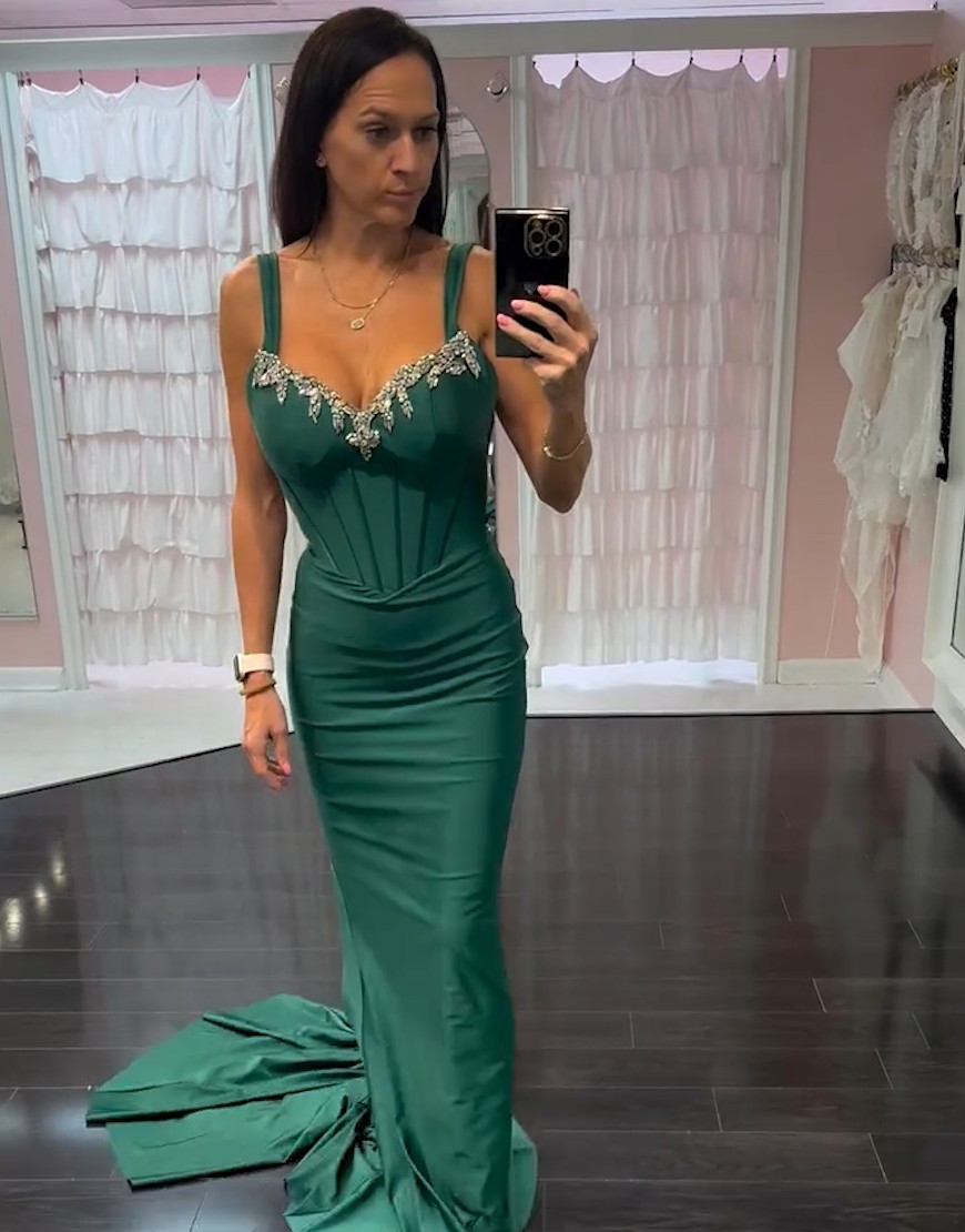 Sparkly Dark Green Mermaid Spaghetti Straps Corset Rhinestones Satin Long Prom Dress
