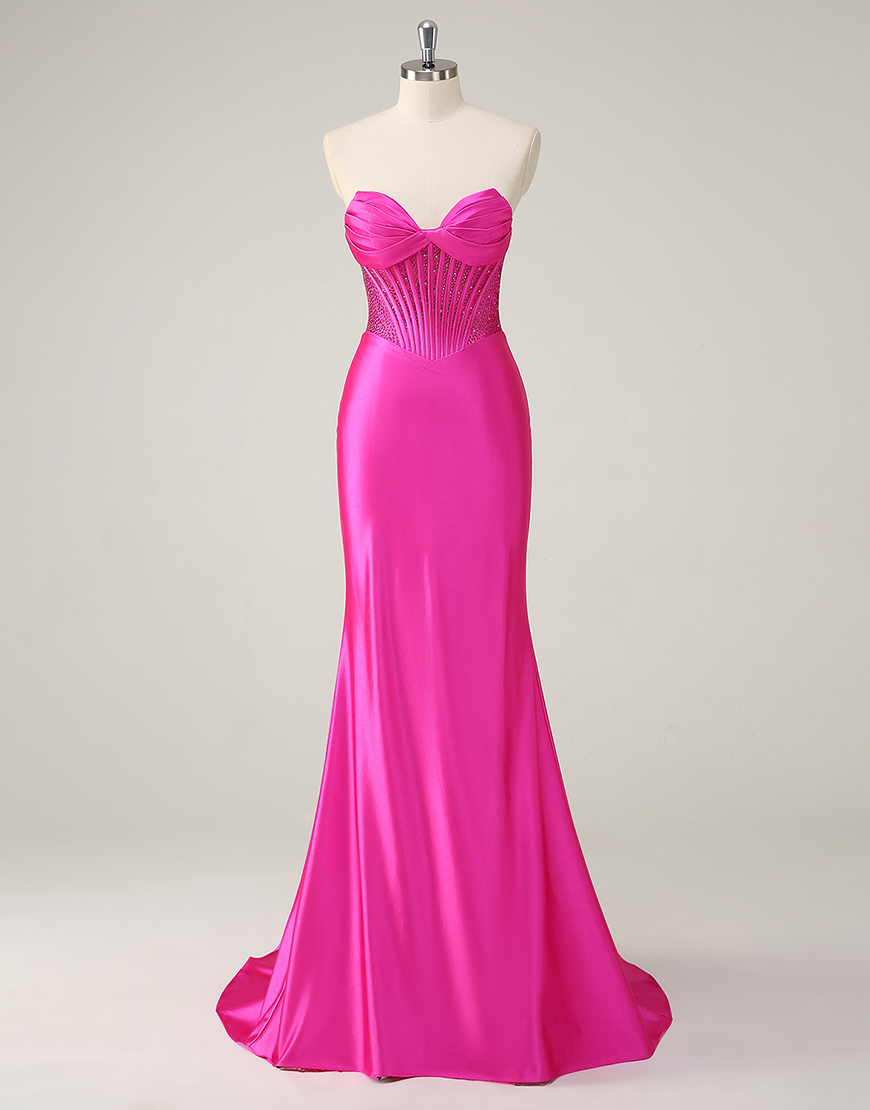 Sparkly Fuchsia Mermaid Strapless Corset Beaded Satin Long Prom Dress