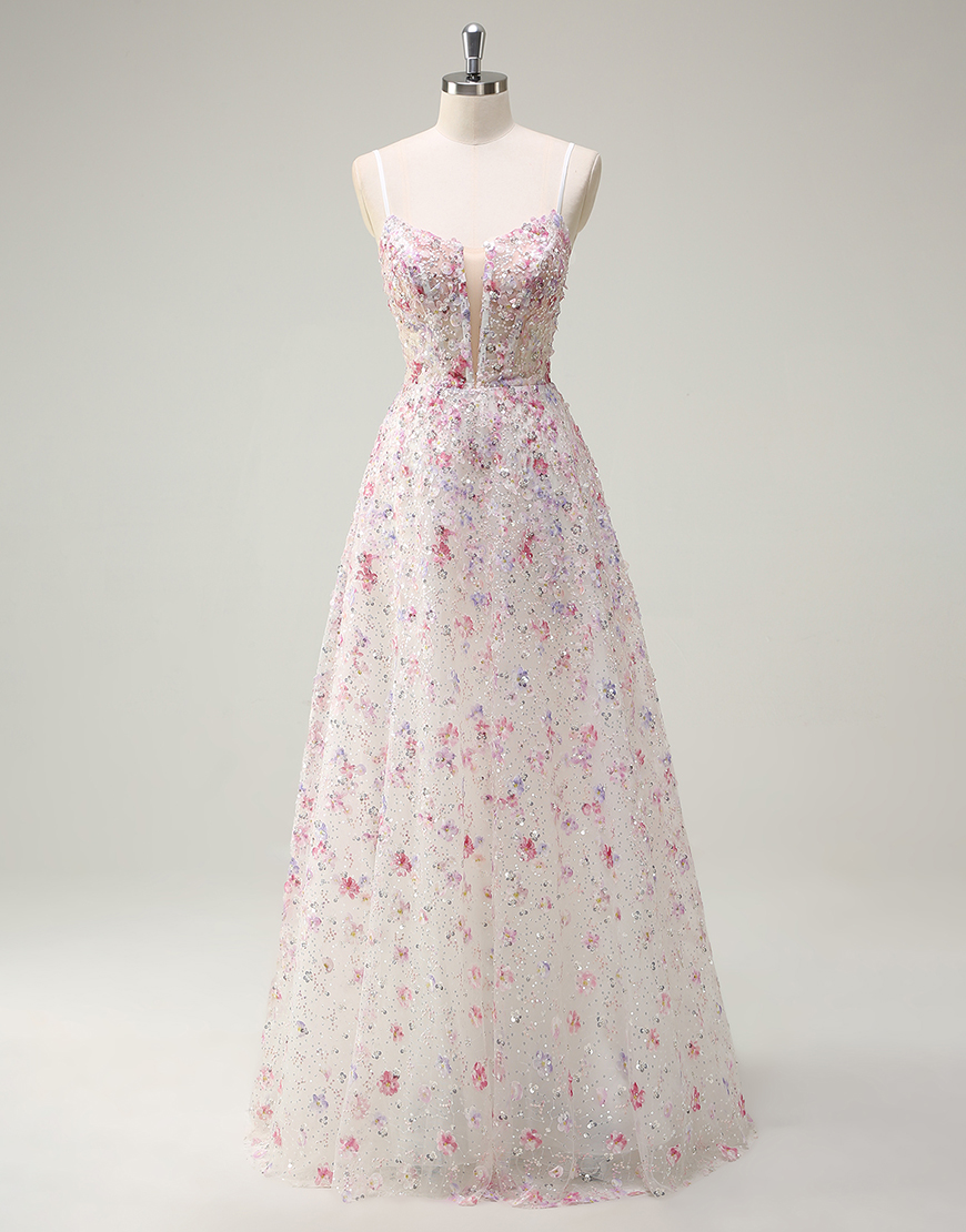 Sparkly Pink A-Line Floral Spaghetti Straps Sequins Corset Long Prom Dress