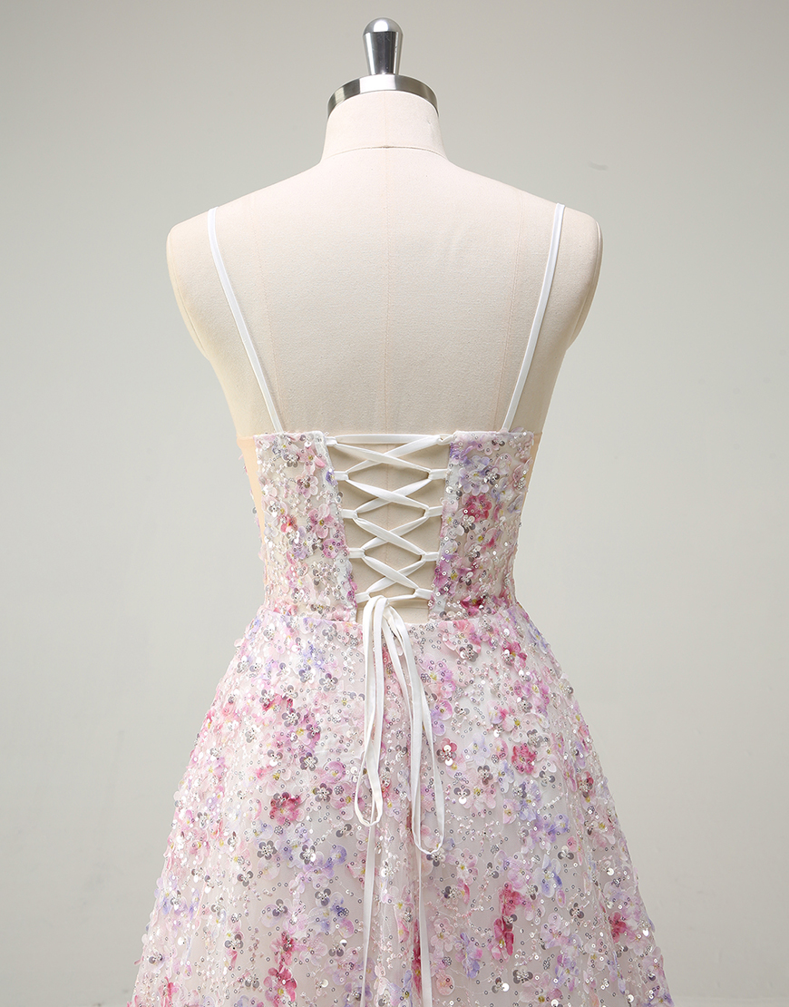 Sparkly Pink A-Line Floral Spaghetti Straps Sequins Corset Long Prom Dress