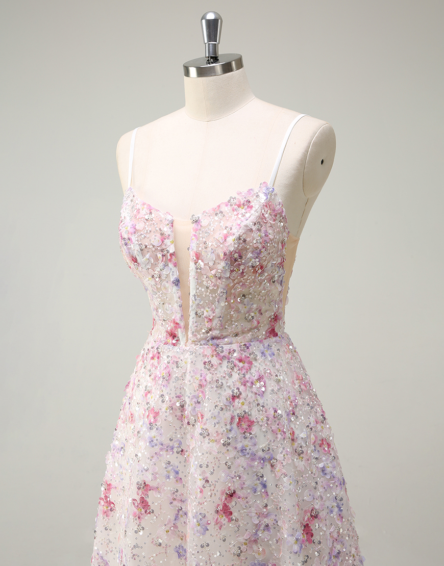 Sparkly Pink A-Line Floral Spaghetti Straps Sequins Corset Long Prom Dress