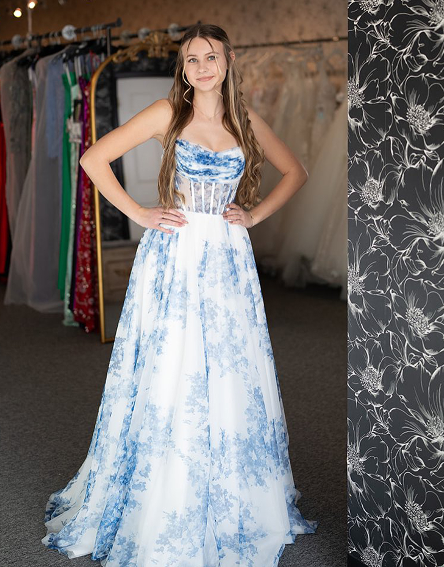 White Blue Flower A-Line Spaghetti Straps Corset Long Prom Dress with Slit