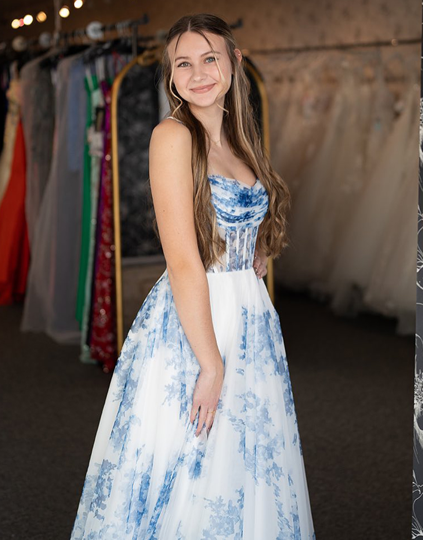 White Blue Flower A-Line Spaghetti Straps Corset Long Prom Dress with Slit