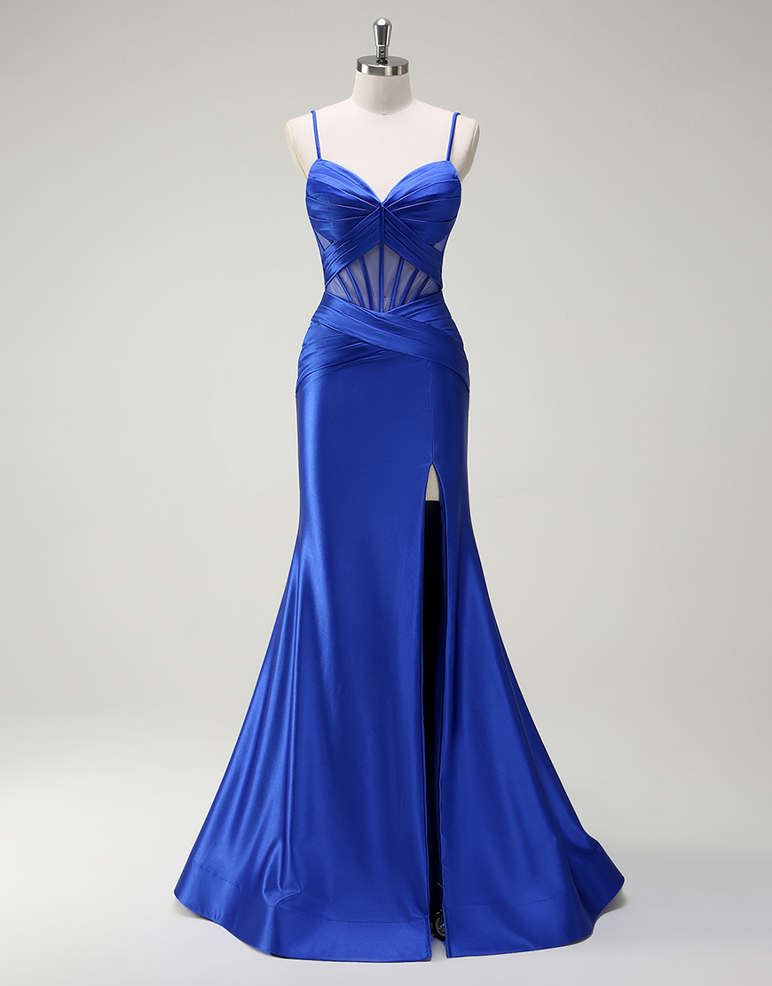 Sparkly Royal Blue Mermaid Spaghetti Straps Satin Long Prom Dress with Slit