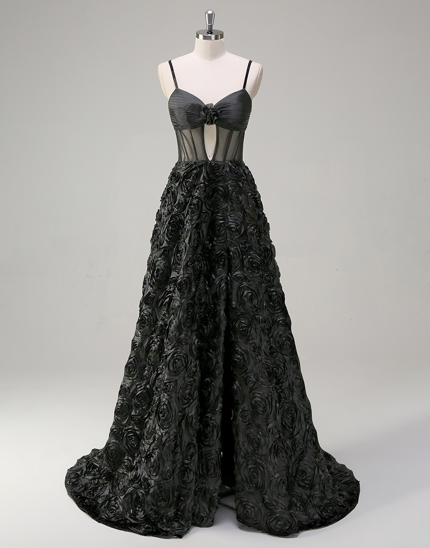 Black A-Line Spaghetti Straps 3D Flowers Long Prom Dress with Slit