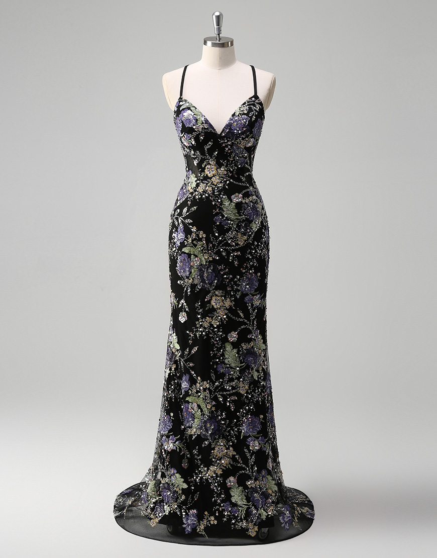 Sparkly Navy Mermaid Sequined Floral Spaghetti Straps Long Prom Dress