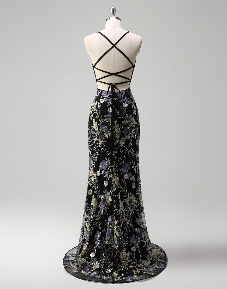 Sparkly Navy Mermaid Sequined Floral Spaghetti Straps Long Prom Dress