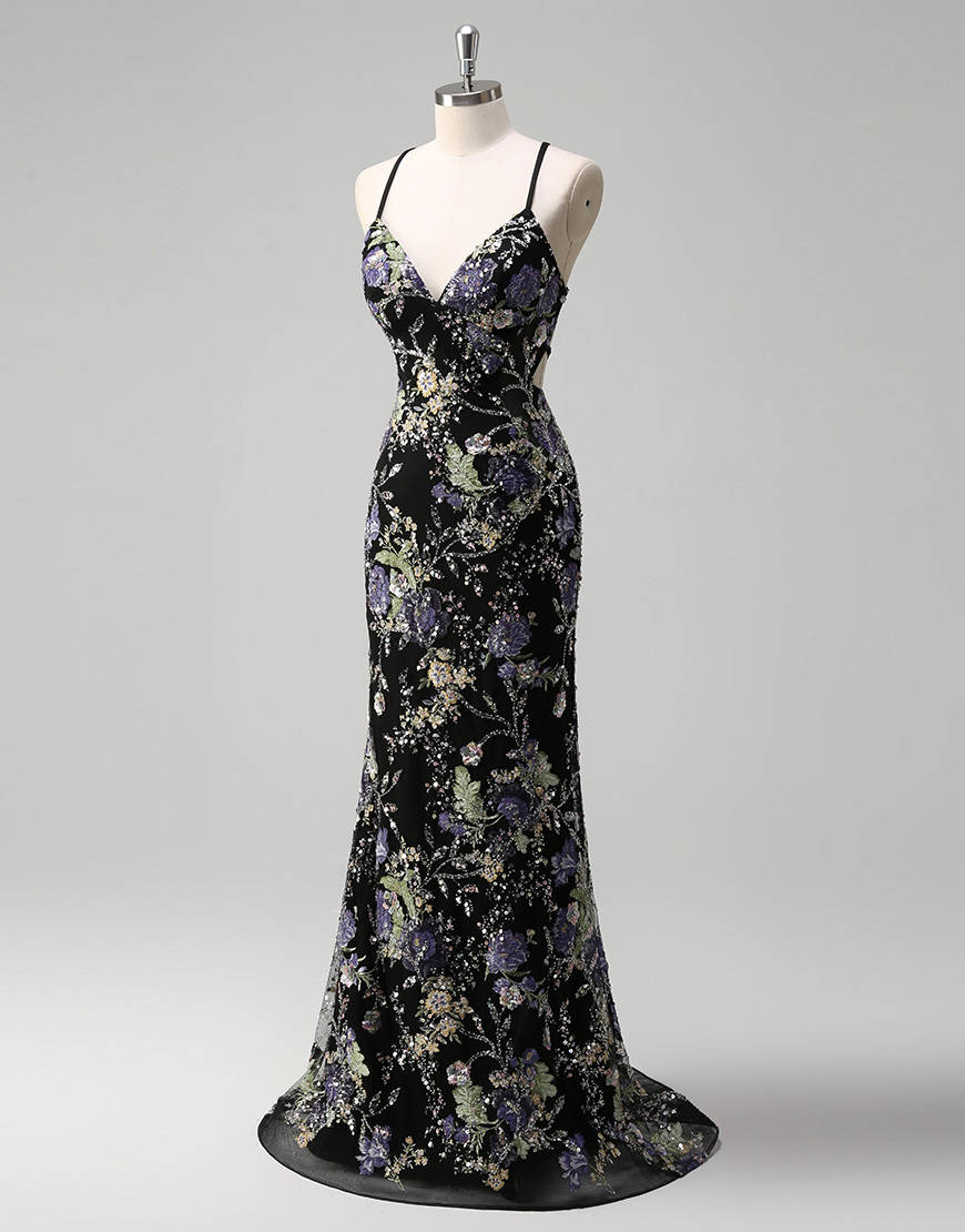 Sparkly Navy Mermaid Sequined Floral Spaghetti Straps Long Prom Dress