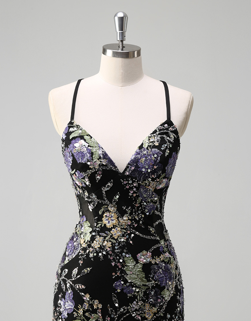 Sparkly Navy Mermaid Sequined Floral Spaghetti Straps Long Prom Dress