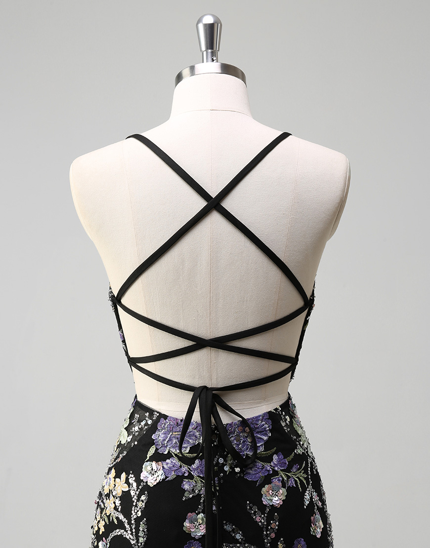 Sparkly Navy Mermaid Sequined Floral Spaghetti Straps Long Prom Dress