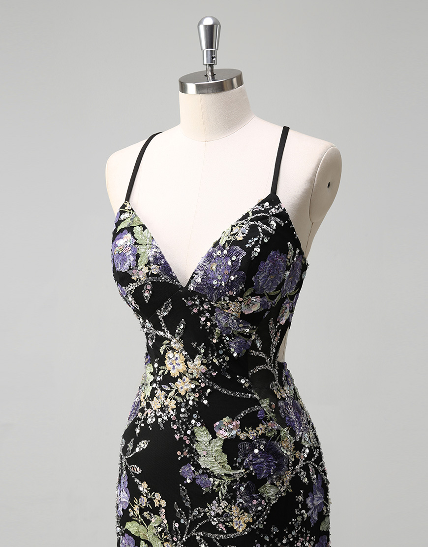 Sparkly Navy Mermaid Sequined Floral Spaghetti Straps Long Prom Dress