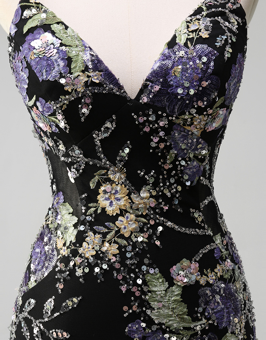 Sparkly Navy Mermaid Sequined Floral Spaghetti Straps Long Prom Dress