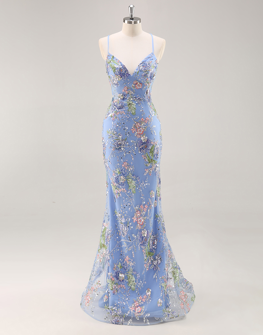 Sparkly Blue Floral Mermaid Beaded Long Prom Dress with Sequins