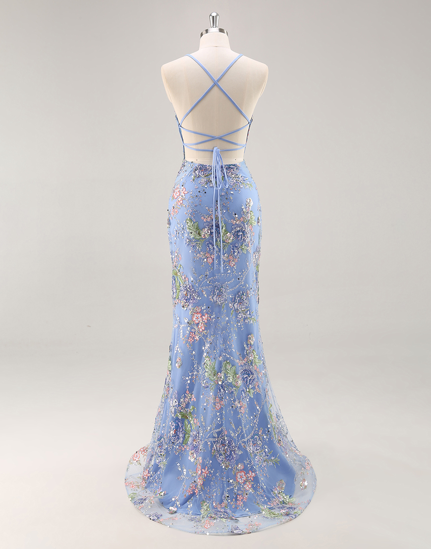 Sparkly Blue Floral Mermaid Beaded Long Prom Dress with Sequins