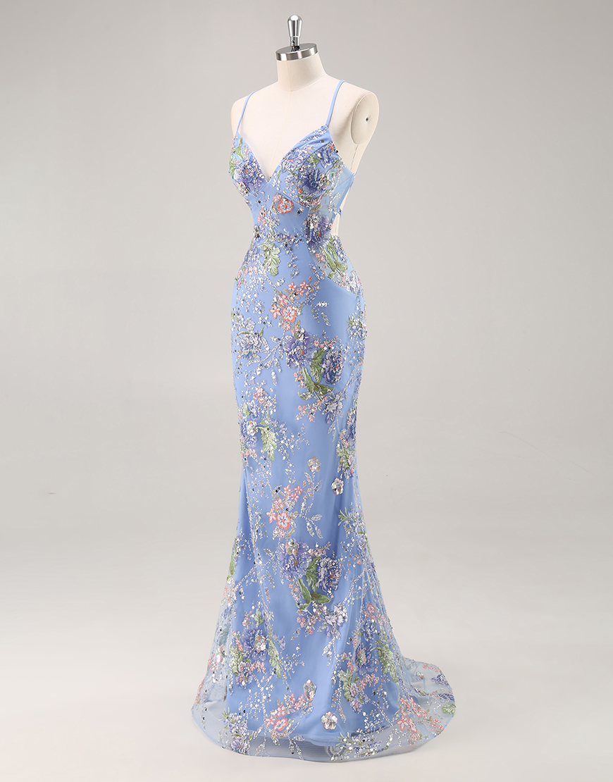 Sparkly Lilac Floral Mermaid Long Beaded Prom Dress with Sequins