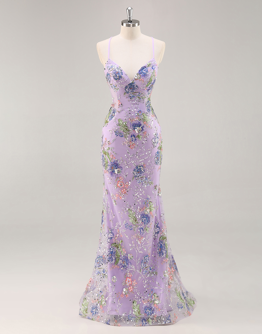 Sparkly Lilac Floral Mermaid Long Beaded Prom Dress with Sequins