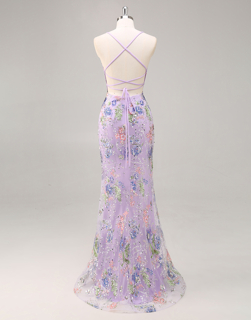 Sparkly Lilac Floral Mermaid Long Beaded Prom Dress with Sequins