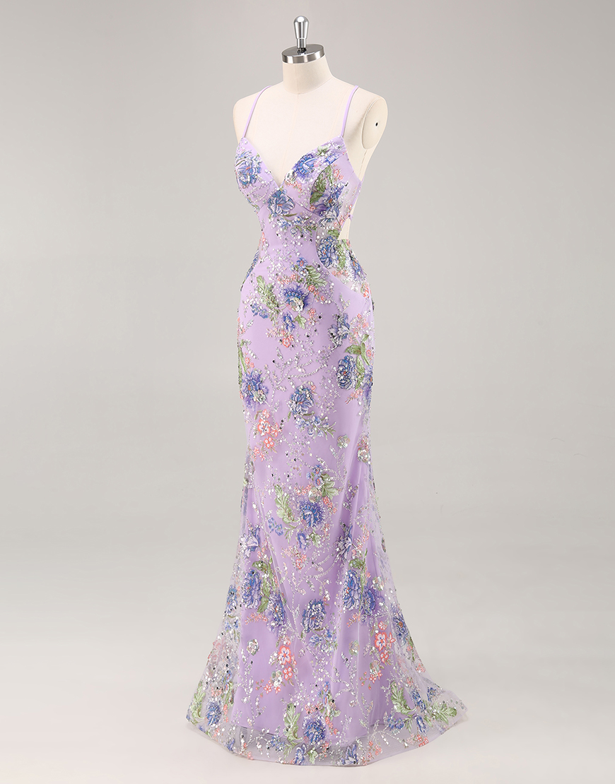 Sparkly Lilac Floral Mermaid Long Beaded Prom Dress with Sequins