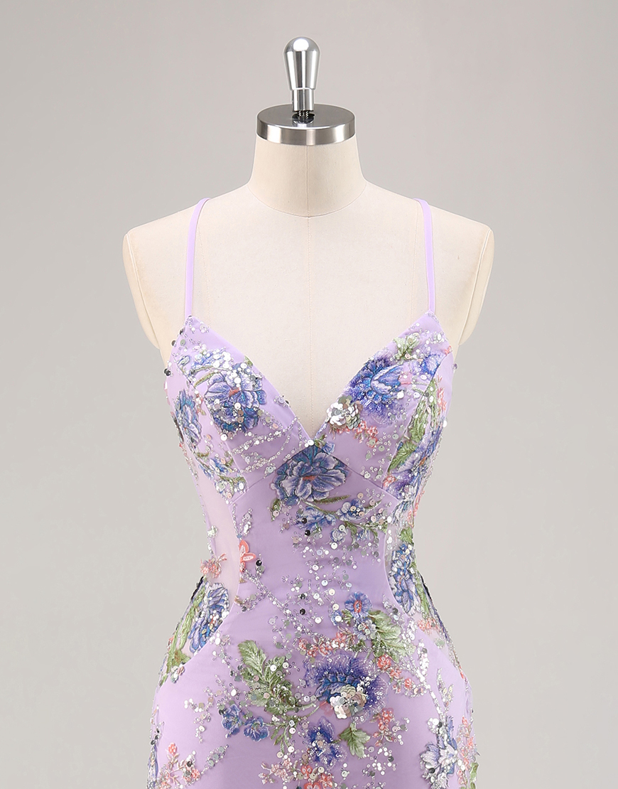 Sparkly Lilac Floral Mermaid Long Beaded Prom Dress with Sequins