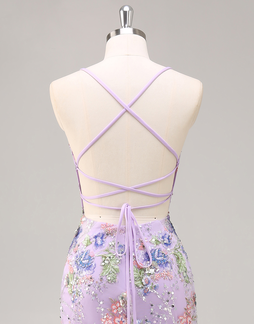 Sparkly Lilac Floral Mermaid Long Beaded Prom Dress with Sequins