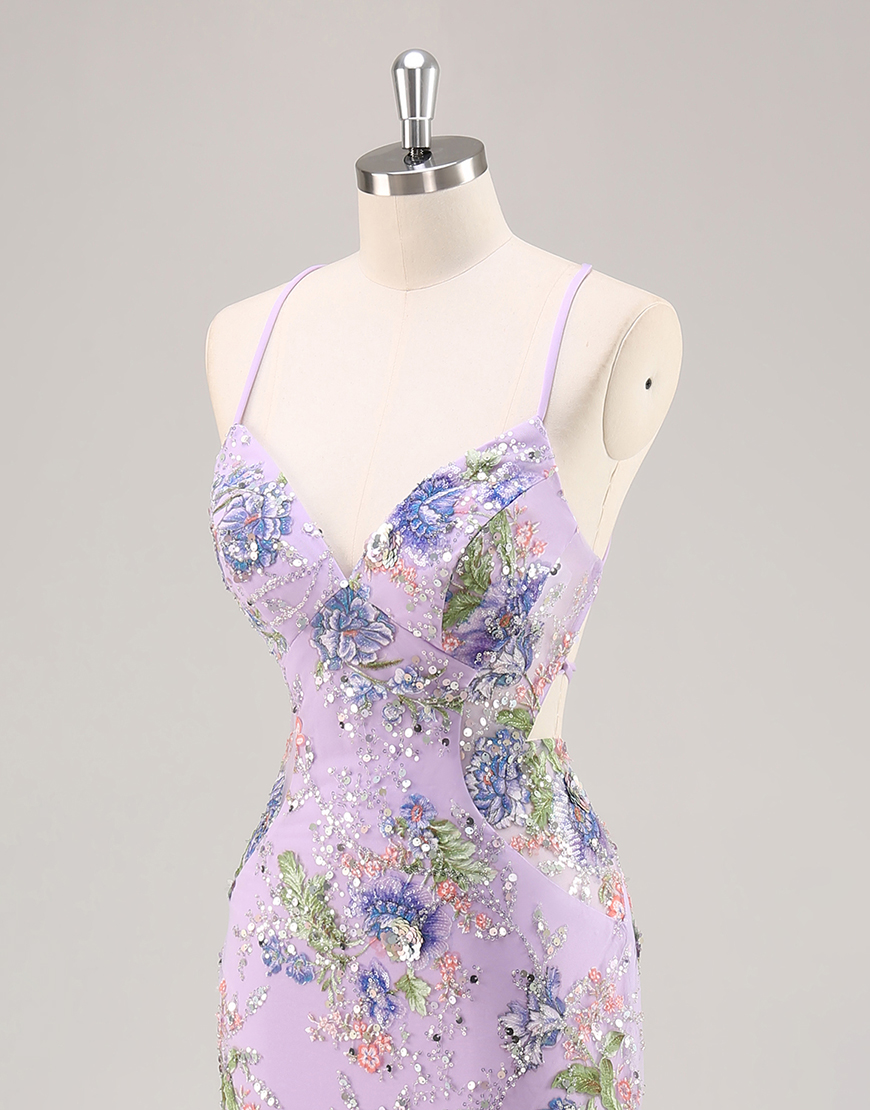 Sparkly Lilac Floral Mermaid Long Beaded Prom Dress with Sequins