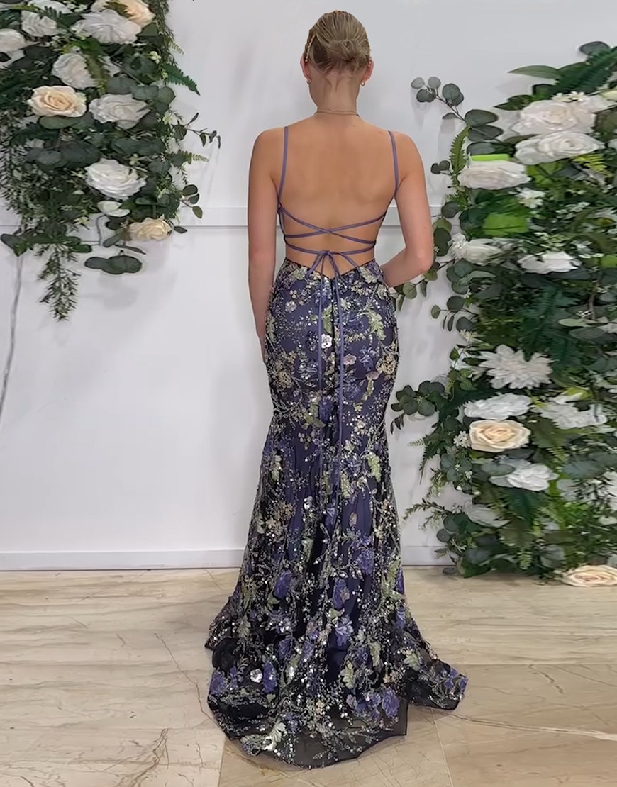 Sparkly Navy Mermaid Sequined Floral Spaghetti Straps Long Prom Dress