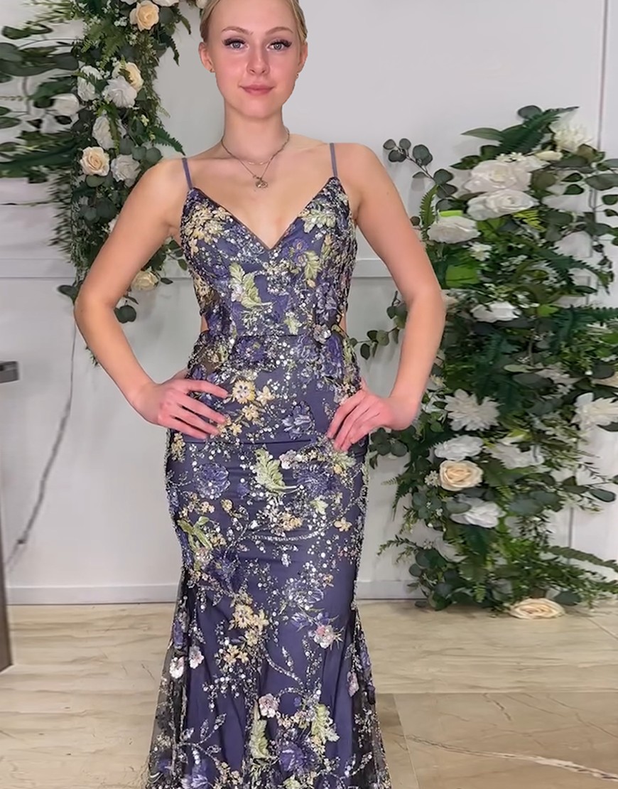 Sparkly Navy Mermaid Sequined Floral Spaghetti Straps Long Prom Dress