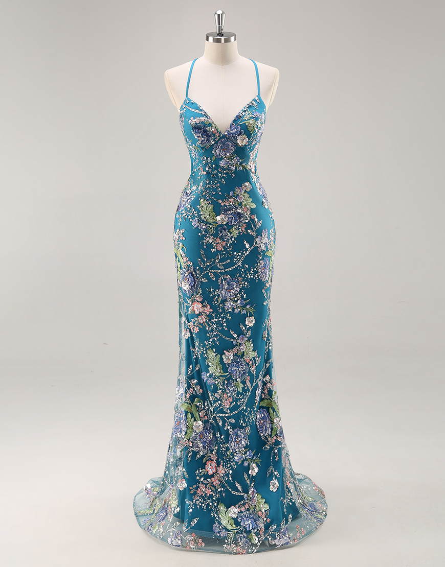Sparkly Peacock Mermaid Beaded Floral Long Prom Dress with Sequins