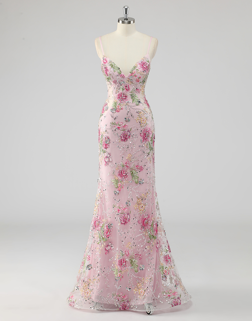 Sparkly Navy Mermaid Sequined Floral Spaghetti Straps Long Prom Dress