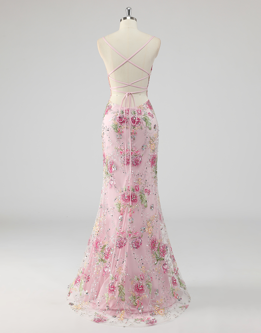 Sparkly Navy Mermaid Sequined Floral Spaghetti Straps Long Prom Dress