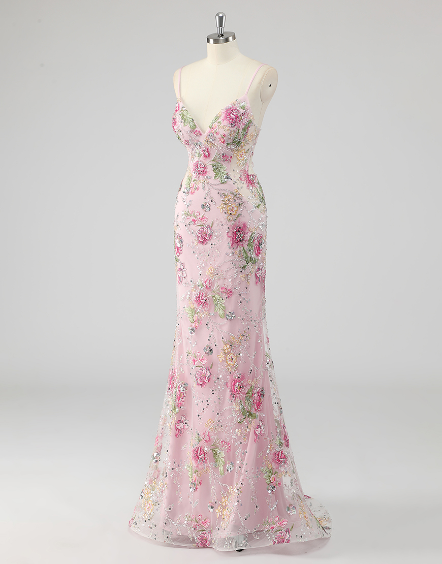 Sparkly Navy Mermaid Sequined Floral Spaghetti Straps Long Prom Dress