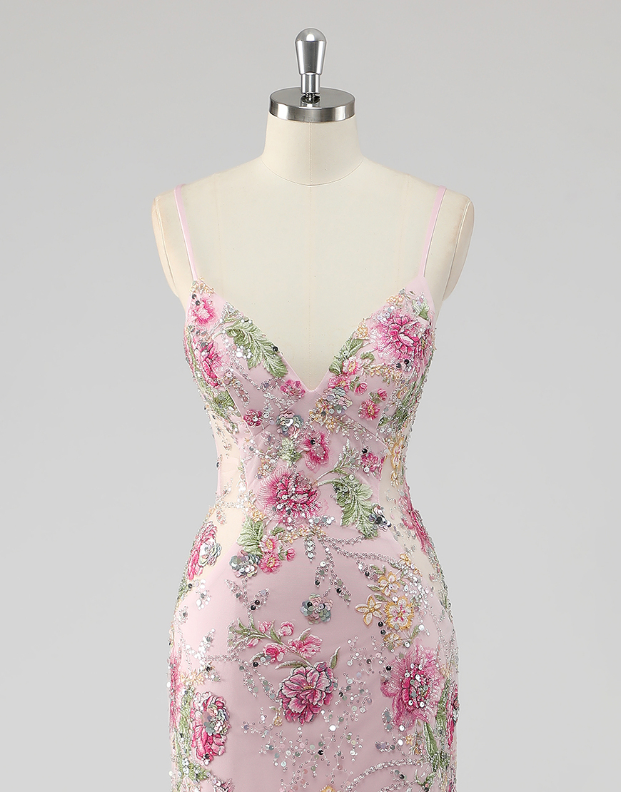 Sparkly Navy Mermaid Sequined Floral Spaghetti Straps Long Prom Dress