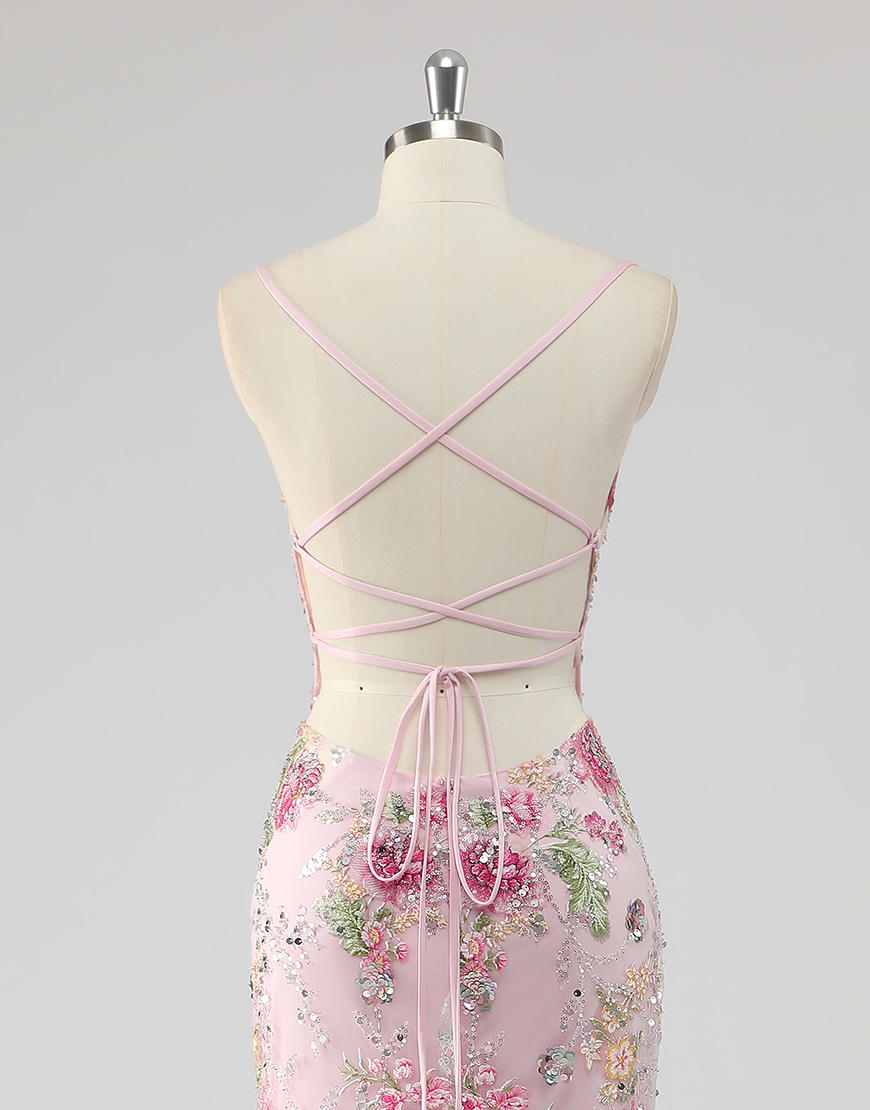 Sparkly Navy Mermaid Sequined Floral Spaghetti Straps Long Prom Dress