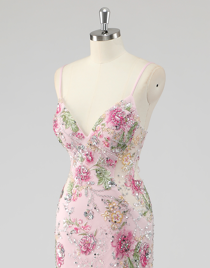 Sparkly Navy Mermaid Sequined Floral Spaghetti Straps Long Prom Dress