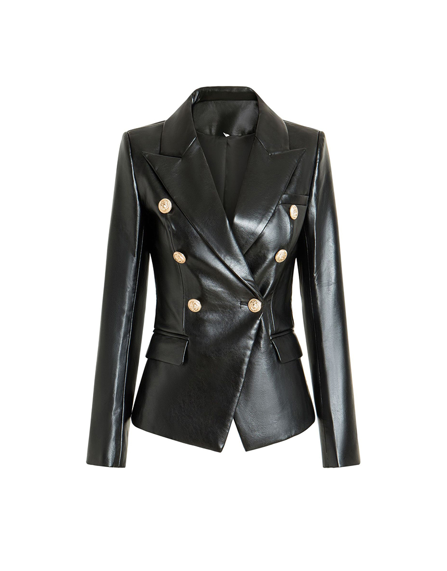 Black Leather Peak Lapel Buttons Women Party Blazer