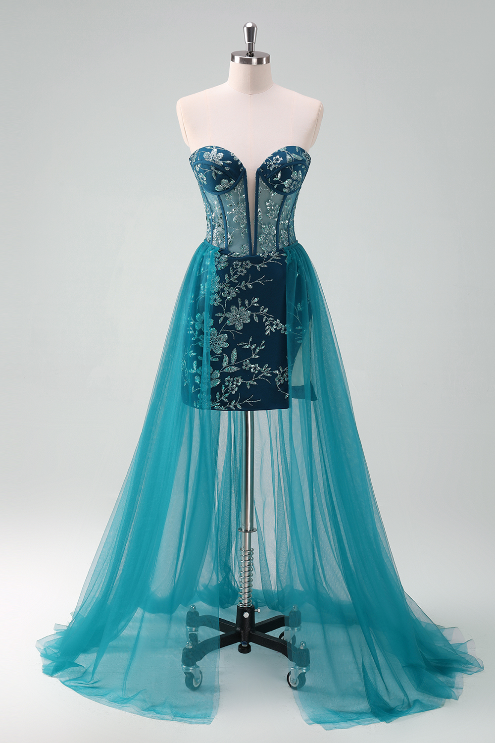 Sparkly Dark Green Embroidery Tight Strapless Corset Homecoming Dress with Sweeping Train