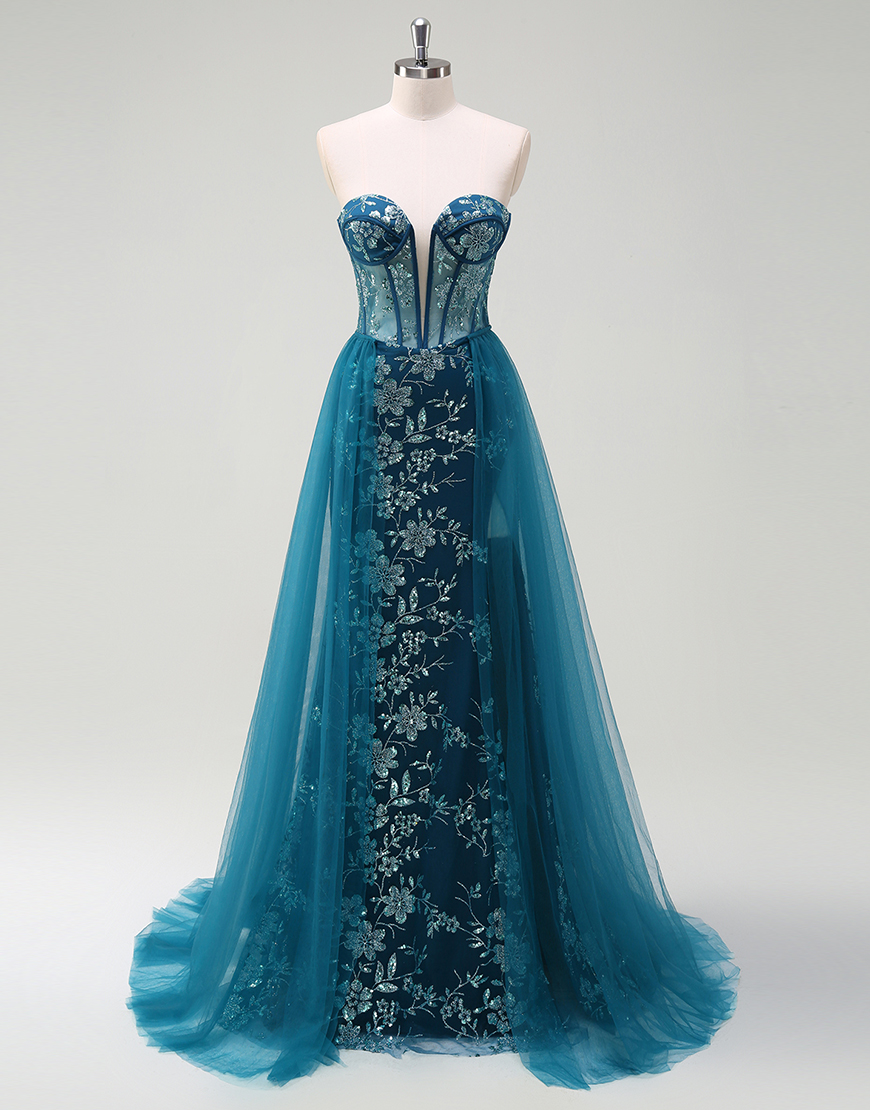 Sparkly Peacock Blue Mermaid Strapless Corset Embroidery Long Prom Dress with Slit