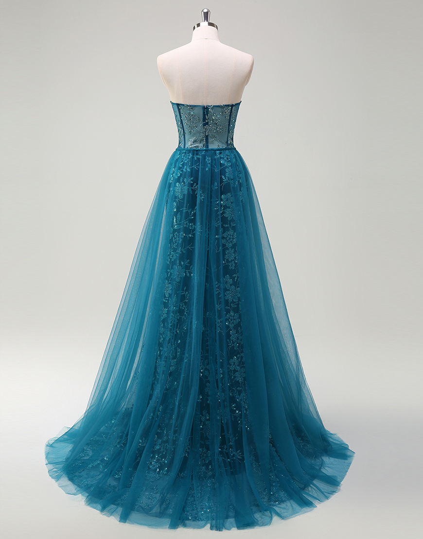 Sparkly Peacock Blue Mermaid Strapless Corset Embroidery Long Prom Dress with Slit