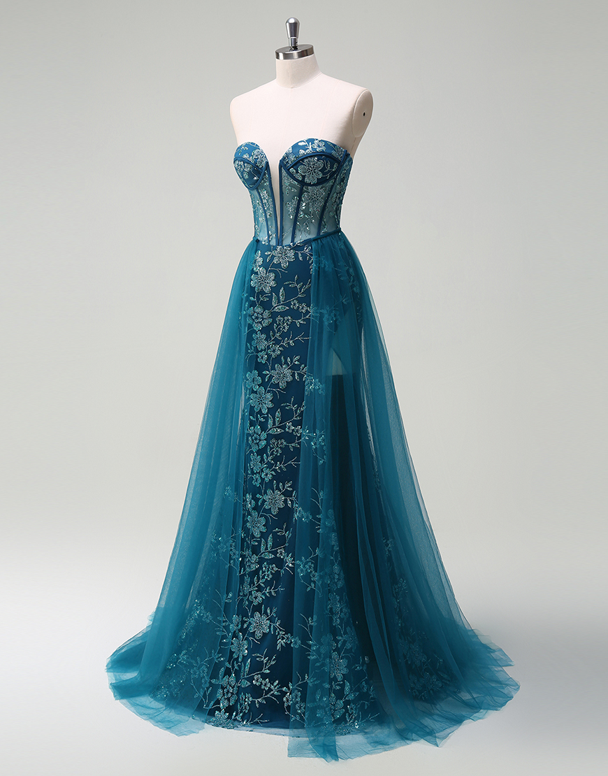 Sparkly Peacock Blue Mermaid Strapless Corset Embroidery Long Prom Dress with Slit