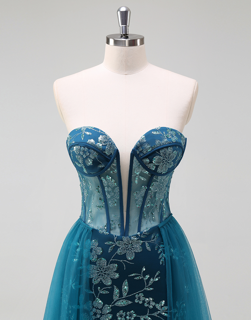Sparkly Peacock Blue Mermaid Strapless Corset Embroidery Long Prom Dress with Slit
