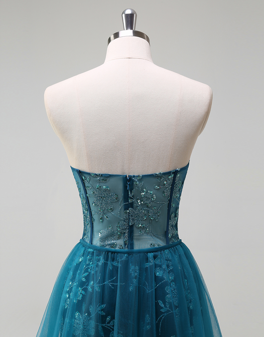 Sparkly Peacock Blue Mermaid Strapless Corset Embroidery Long Prom Dress with Slit