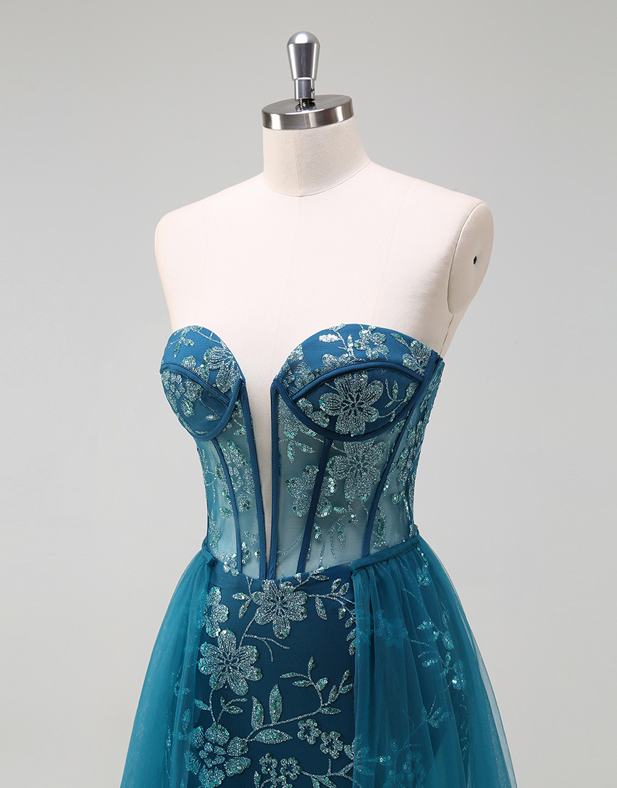 Sparkly Peacock Blue Mermaid Strapless Corset Embroidery Long Prom Dress with Slit