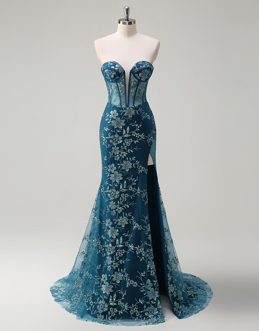 Sparkly Peacock Blue Mermaid Strapless Corset Embroidery Long Prom Dress with Slit