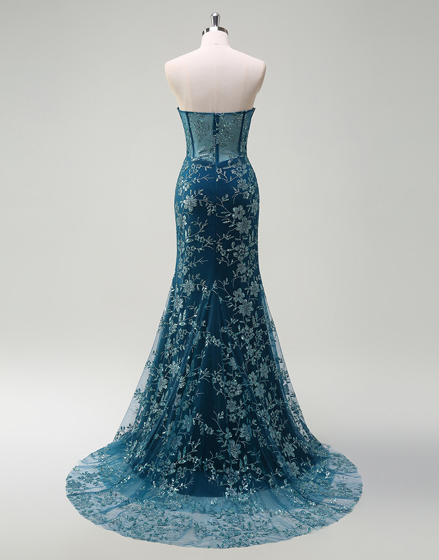 Sparkly Peacock Blue Mermaid Strapless Corset Embroidery Long Prom Dress with Slit