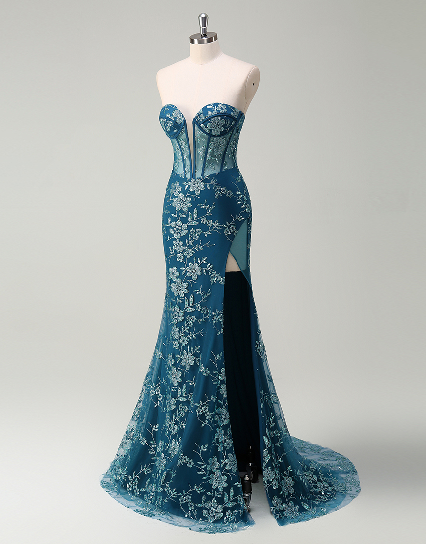 Sparkly Peacock Blue Mermaid Strapless Corset Embroidery Long Prom Dress with Slit