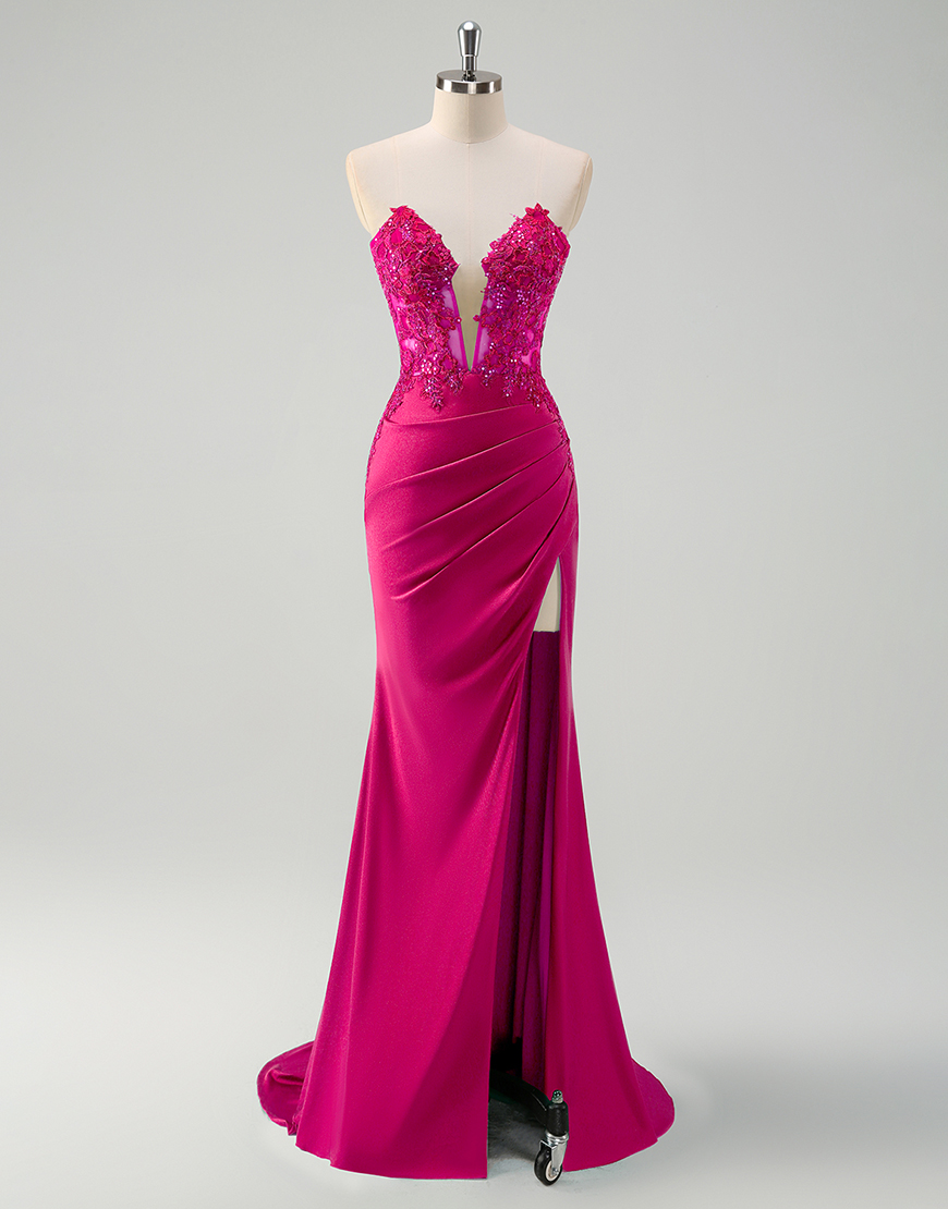 Sparkly Green Mermaid Strapless Corset Appliques Long Prom Dress with Slit