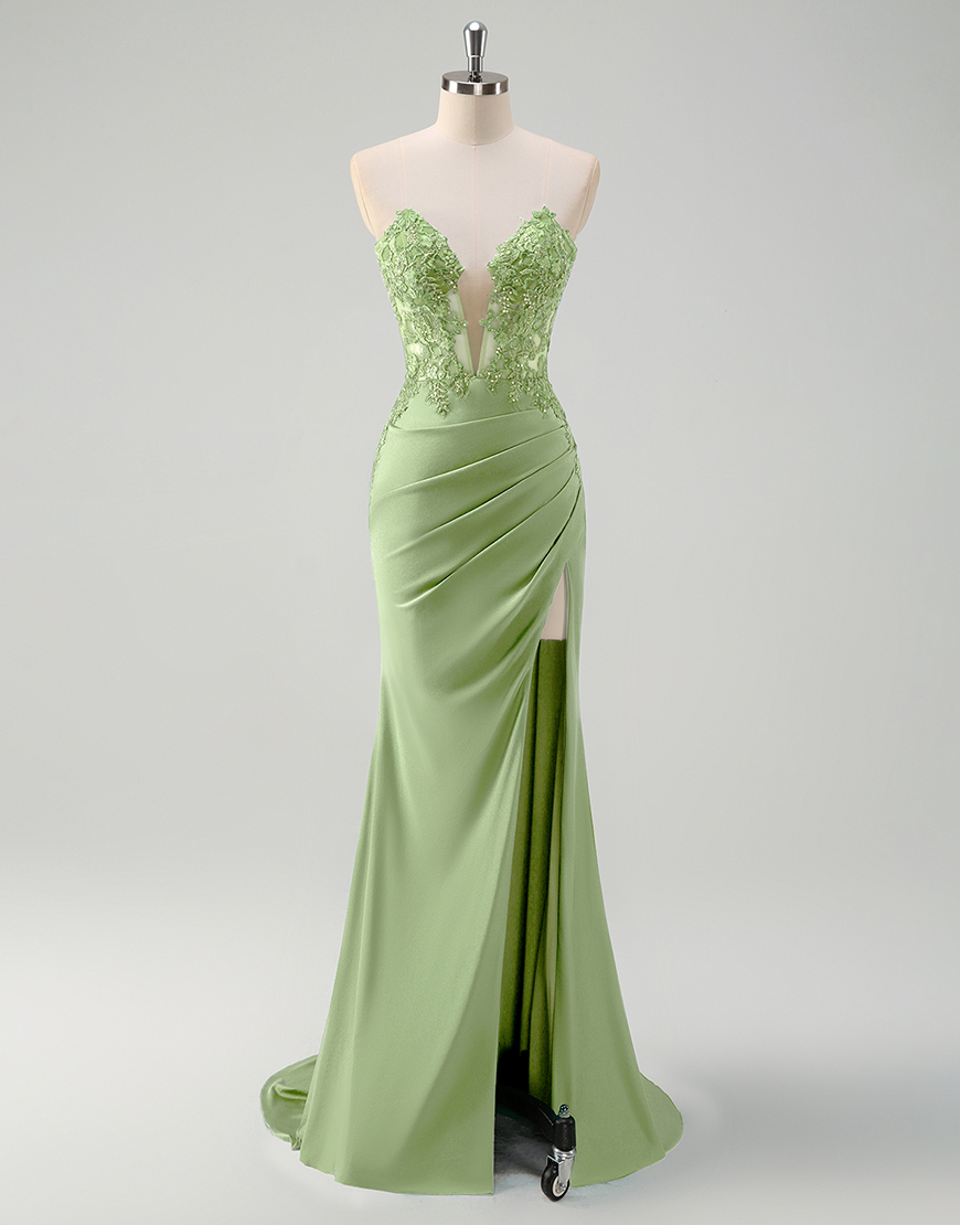 Sparkly Green Mermaid Strapless Corset Appliques Long Prom Dress with Slit