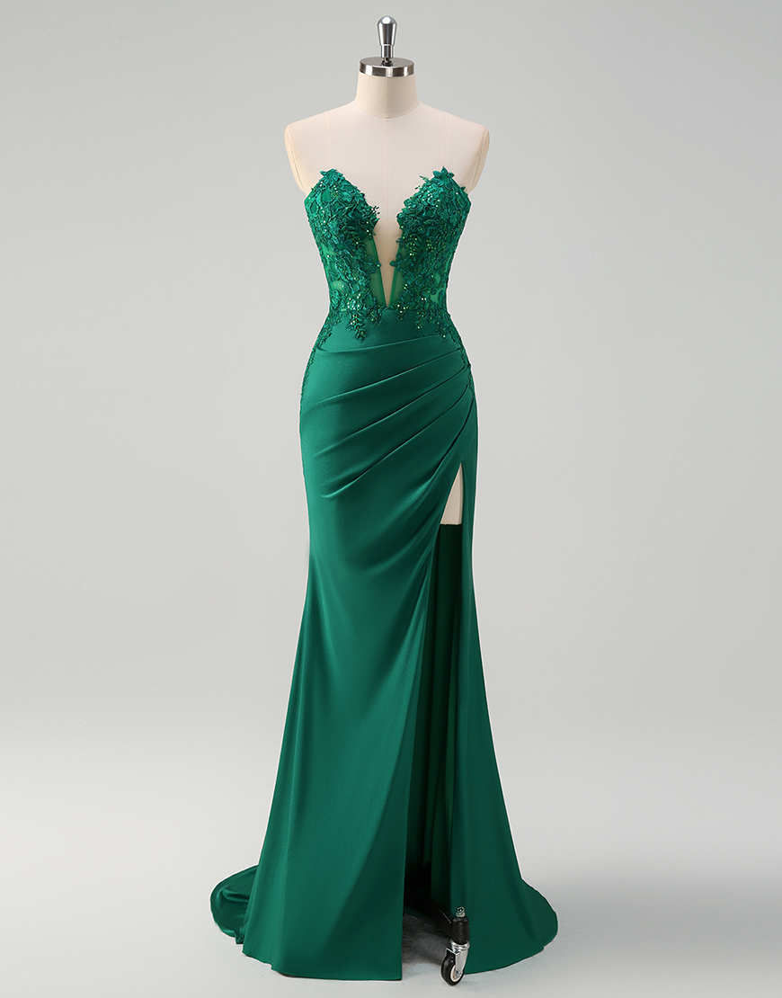 Sparkly Green Mermaid Strapless Corset Appliques Long Prom Dress with Slit