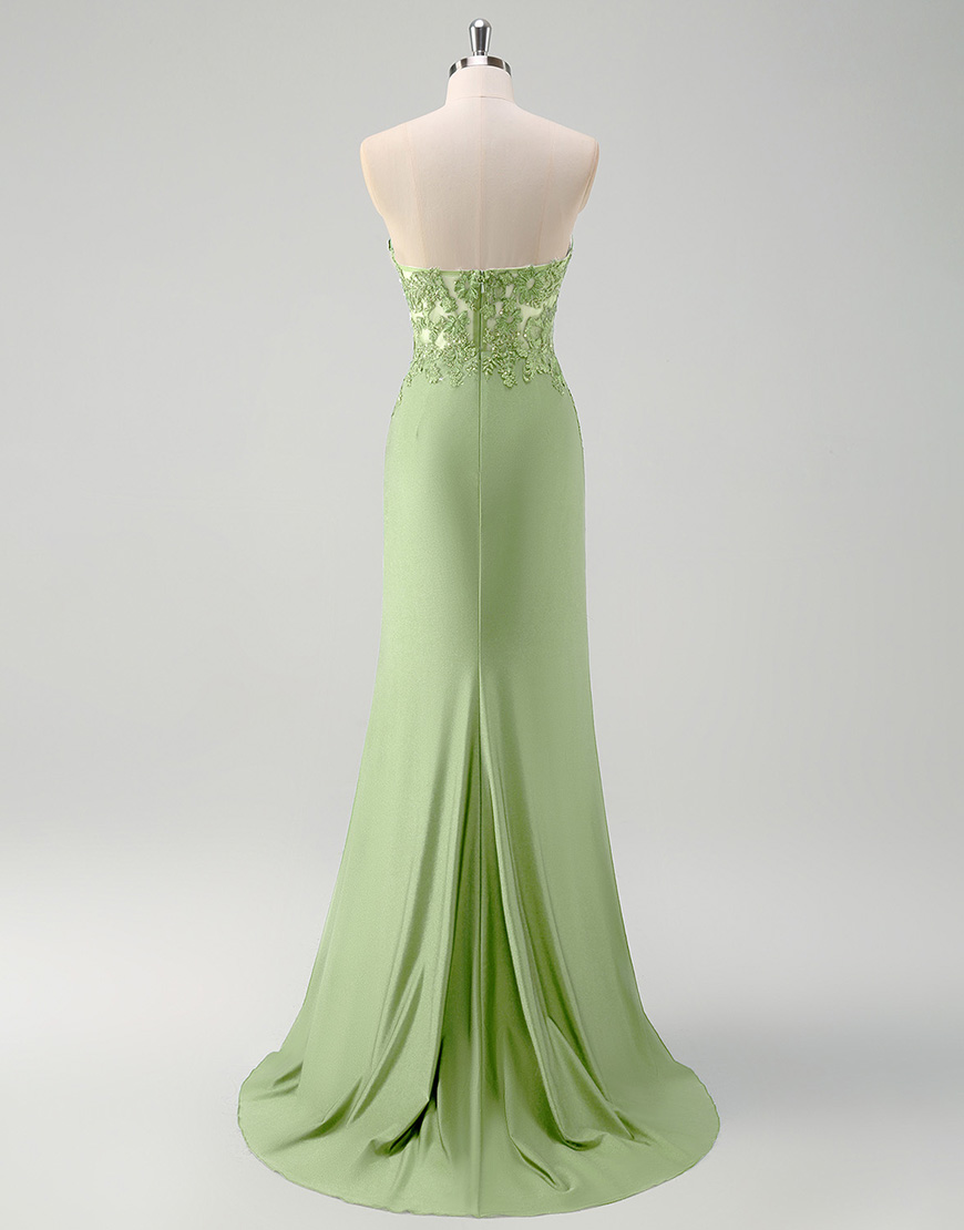 Sparkly Green Mermaid Strapless Corset Appliques Long Prom Dress with Slit